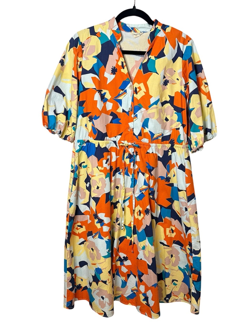 52Seven Orange Floral Puff Sleeve V-Neck Midi Dress